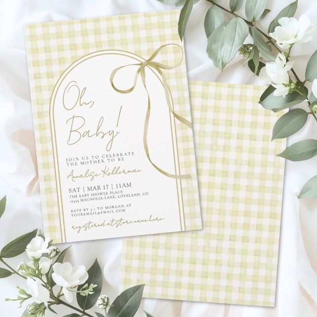Convites Chá de Bebê Xadrez com Laço Amarelo (Yellow Bow Gingham Baby Shower Invitation)
