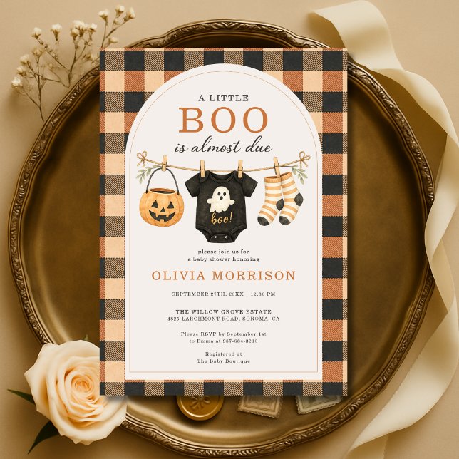 Convites Chá de Bebê Xadrez de Halloween Little Boo (Criador carregado)
