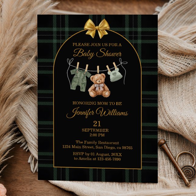 Convites Chá de Bebê Xadrez Elegante Urso de Pelúcia com La (Criador carregado)
