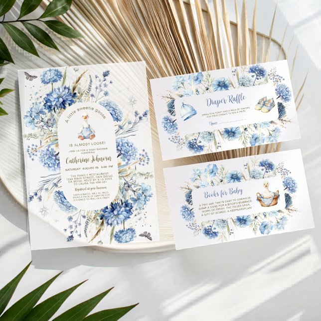 Convites Chá de Bebê Xadrez Floral Azul Silly Goose (Criador carregado)