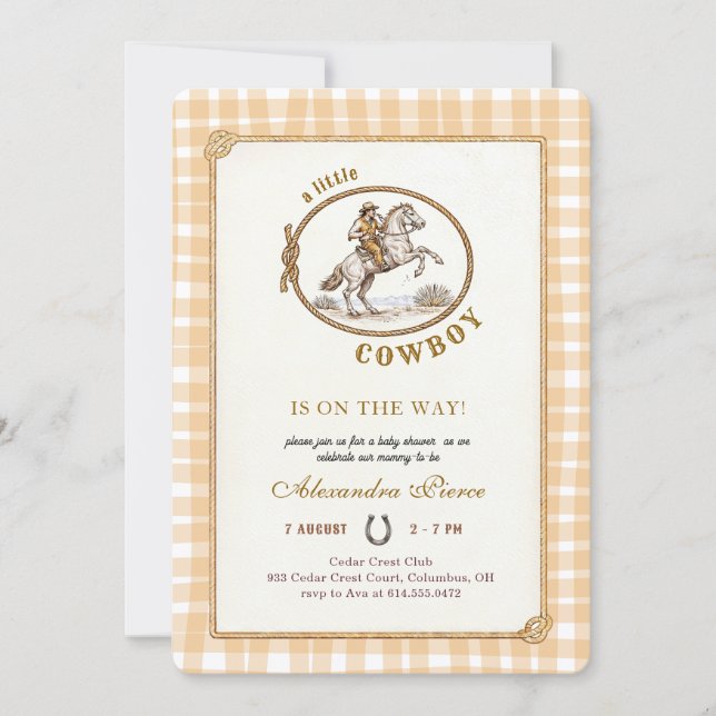 Convites Chá de Bebê Xadrez Gingham Caubói Ocidental (Frente)