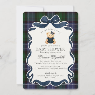 Convites Chá de Bebê Xadrez Preppy Coquette Bow Bear