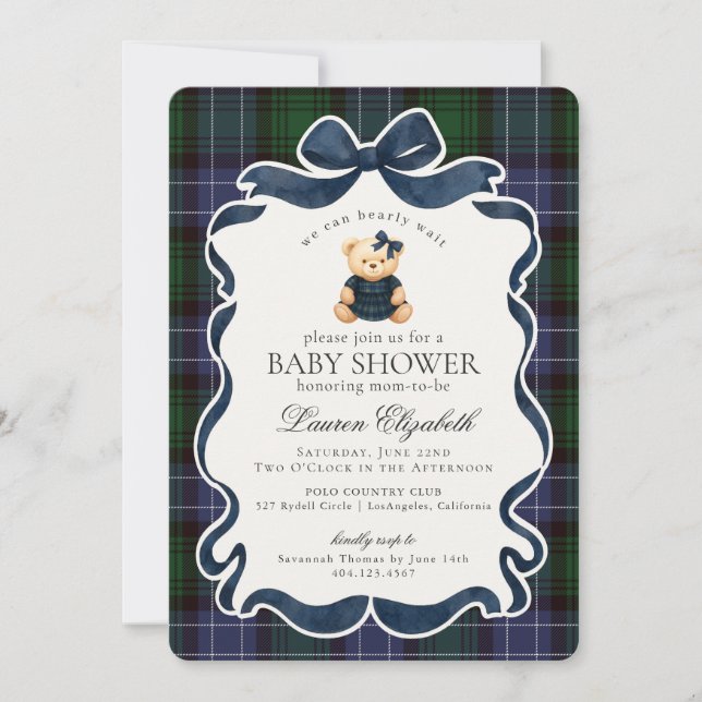 Convites Chá de Bebê Xadrez Preppy Coquette Bow Bear (Frente)