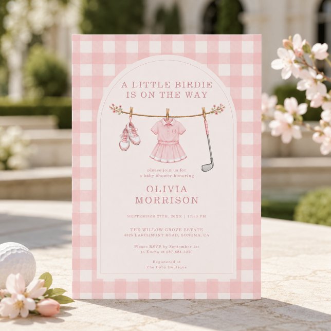 Convites Chá de Bebê Xadrez Rosa Menina de Golfe Little Bir (Criador carregado)