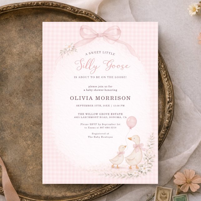 Convites Chá de Bebê Xadrez Rosa Silly Goose (Criador carregado)