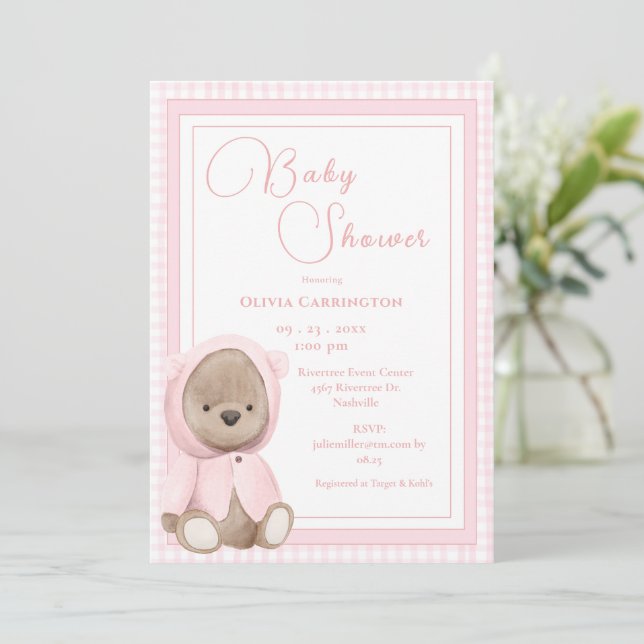 Convites Chá de Bebê Xadrez Rosa Urso Vintage (Em pé/Frente)