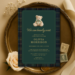 Convites Chá de Bebê Xadrez Tartan Verde Bearly Wait