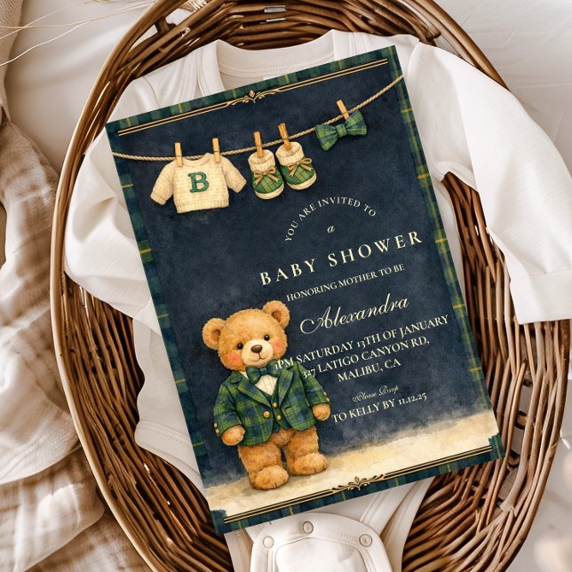 Convites Chá de Bebê Xadrez Teddy Preppy (Criador carregado)