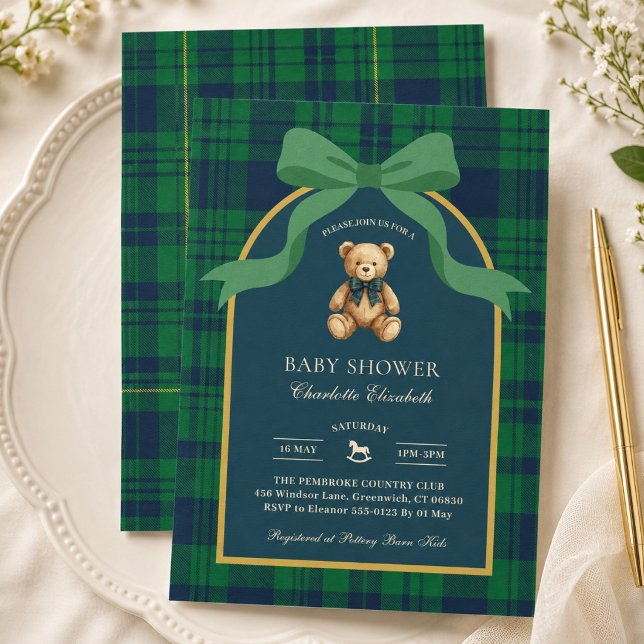 Convites Chá de Bebê Xadrez Teddy Preppy (Preppy Teddy Bear Gingham Plaid Baby Shower Invitation)