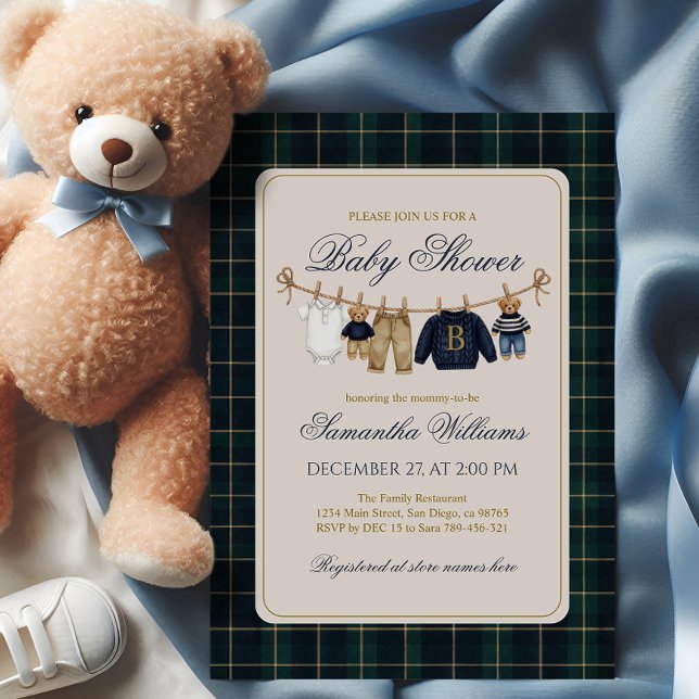 Convites Chá de Bebê Xadrez Urso de Luxo Teddy (Criador carregado)