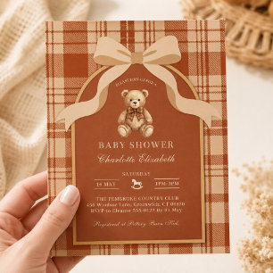 Convites Chá de Bebê Xadrez Urso Teddy Clássico Préppy