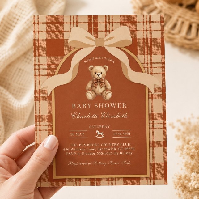 Convites Chá de Bebê Xadrez Urso Teddy Clássico Préppy (Classic Preppy Teddy Bear Plaid Baby Shower Invitation)