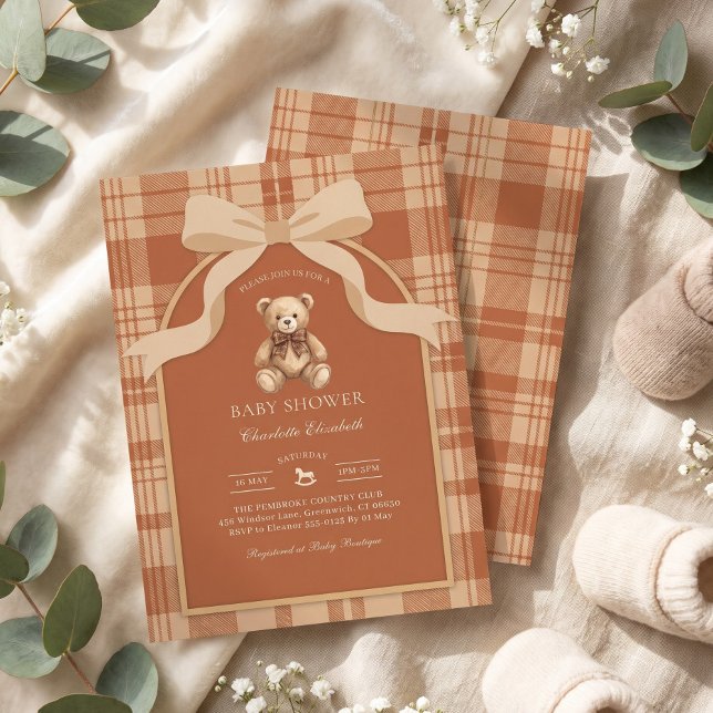 Convites Chá de Bebê Xadrez Urso Teddy Clássico Préppy (Classic Preppy Teddy Bear Plaid Baby Shower)