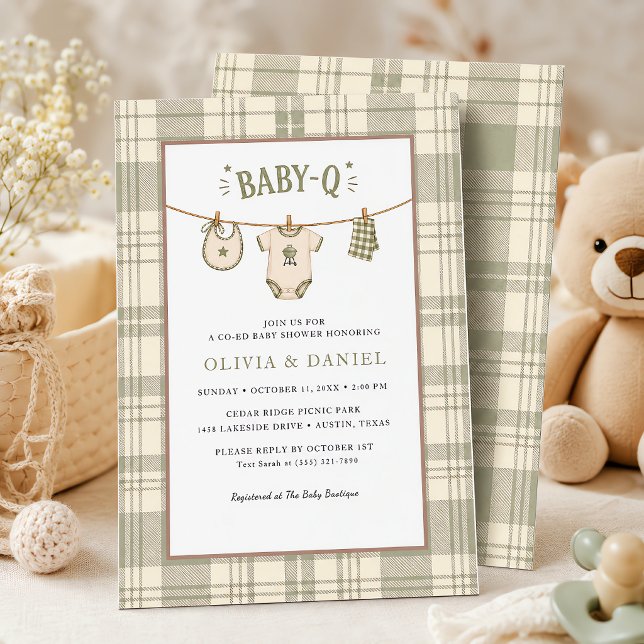 Convites Chá de Bebê Xadrez Verde Salvia Cozy BBQ (Sage Green Gingham Baby Shower Cozy BBQ Invitation)
