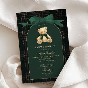 Convites Chá de bebê xadrez verde urso de pelúcia preppy vi