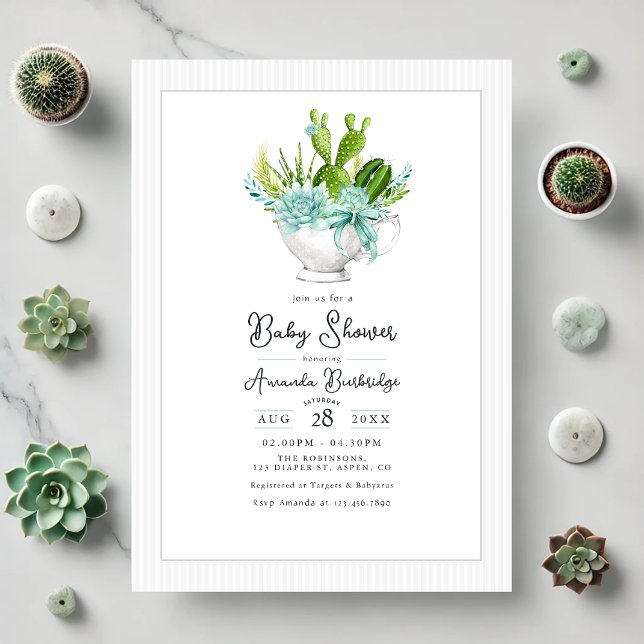 Convites Chá de Bebê Xícara Encantadora com Suculentas (Charming Succulent Teacup Baby Shower Invitation)