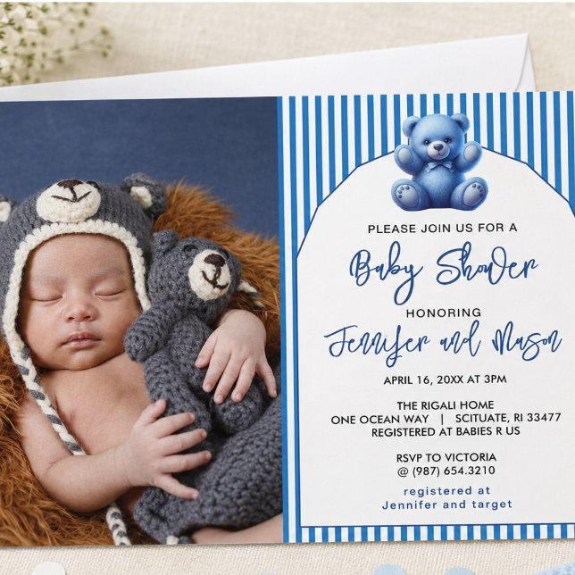 Convites Chá de Bebezinho do Urso Cinzento Azul (Cute Blue Teddy Bear Vintage Baby Boy Shower Invitation)