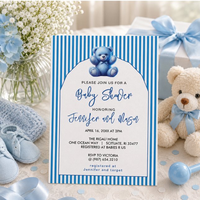 Convites Chá de Bebezinho do Urso Cinzento Azul (Cute Blue Teddy Bear Vintage Baby Boy Shower Invitation)