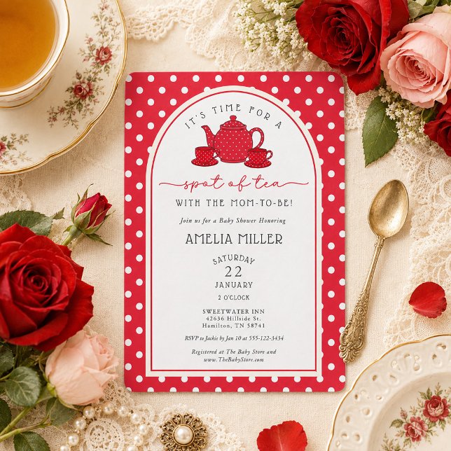 Convites Chá de Bolinhas Vermelhas para a Mamãe de Babyshow (Red Polka dot Tea with the Mom-to-be Baby Shower Invitation)
