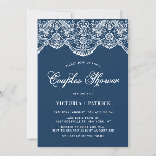 Convites Chá de Casais azuis de Brocade Floral Elegante