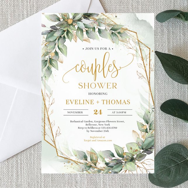 Convites Chá de casais com brilho de ouro de eucalipto verd (Boho watercolor green eucalyptus and gold glitter couples shower invitation)