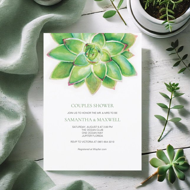 Convites Chá de Casais com Sucultura de Aquarela (Bridal shower invitations simple watercolor succulent by Victoria Grigaliunas Do Tell A Belle)