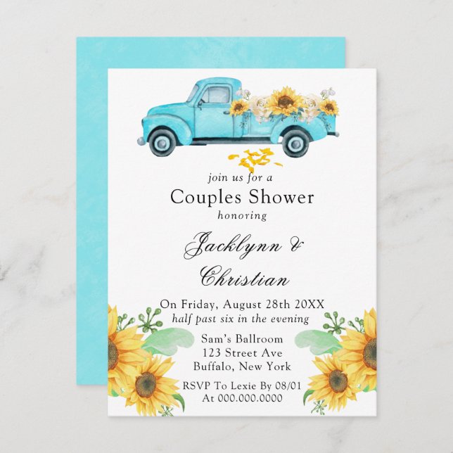 Convites Chá de Casais de caminhões de girassol amarelo (Frente/Verso)