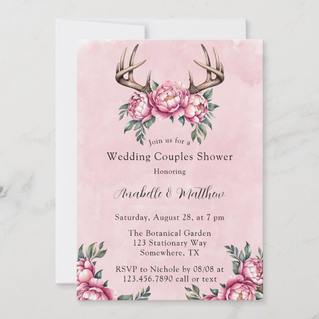 Convites Chá de Casais de Casamento Boho Antler Pink Peonie (Frente)
