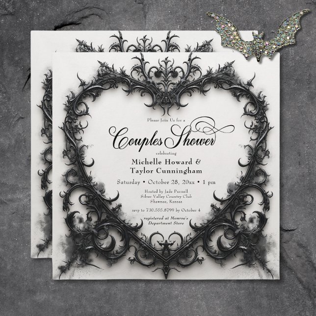 Convites Chá de Casais de coração preto e branco (Gothic Black & White Filigree Heart Couples Shower Invitation)