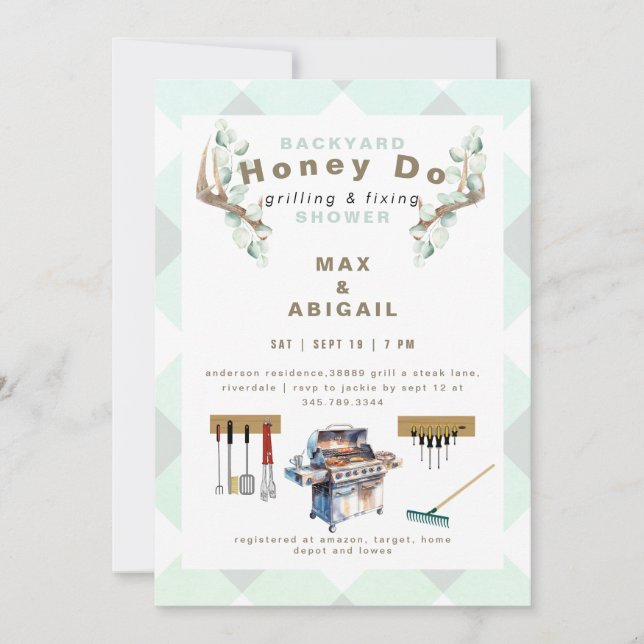 Convites Chá de Casais de Grelha de Sage e Fixação (Frente)