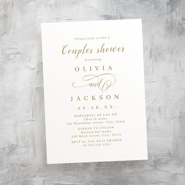Convites chá de casais de guião romântica Dourado e elegant (Gold simple elegant romantic script couples shower invitation)
