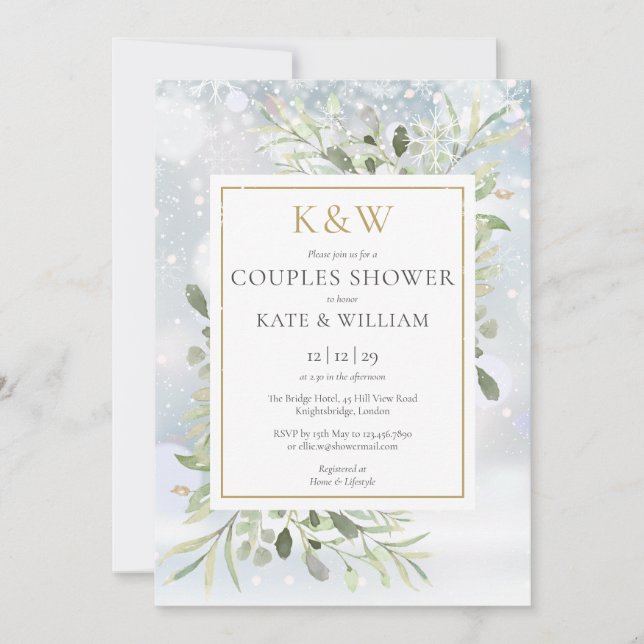 Convites Chá de Casais de inverno Dourado com Monograma Ver (Frente)