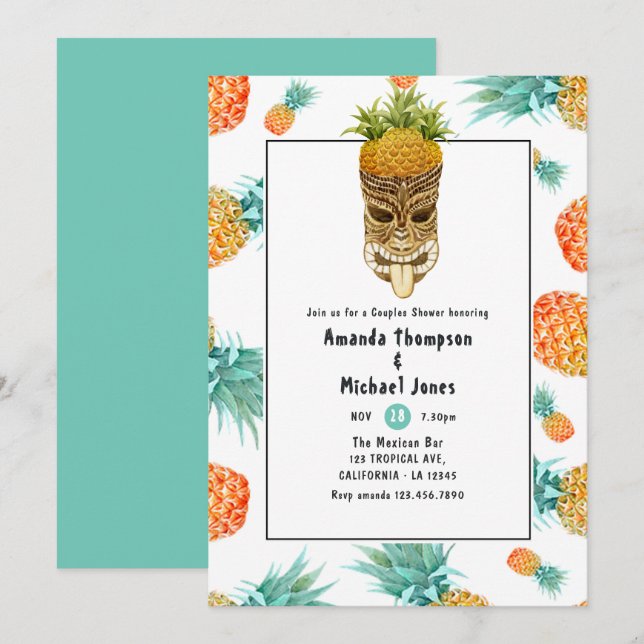 Convites Chá de Casais de praia de Pineapple, Tiki Luau Sum (Frente/Verso)