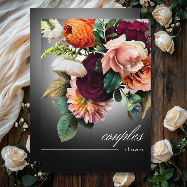 Convites Chá de Casais de Romance Floral Laranja Escuro (Dark Burgundy Orange Floral Romance Couples Shower Invitation)