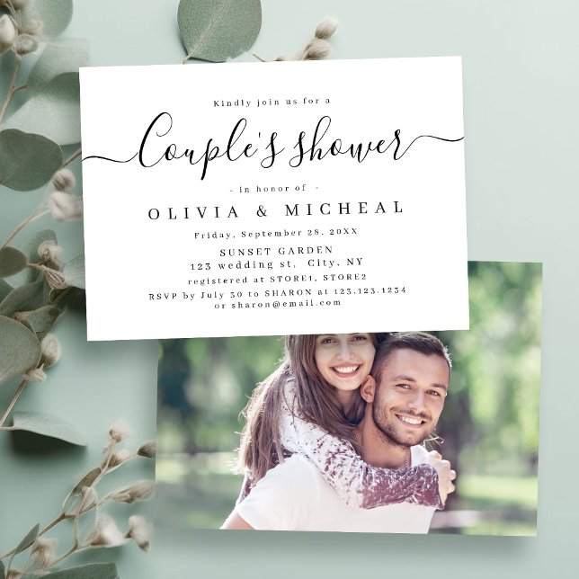 Convites Chá de casais de script simples moderno (Modern simple elegant script couples shower invitation)