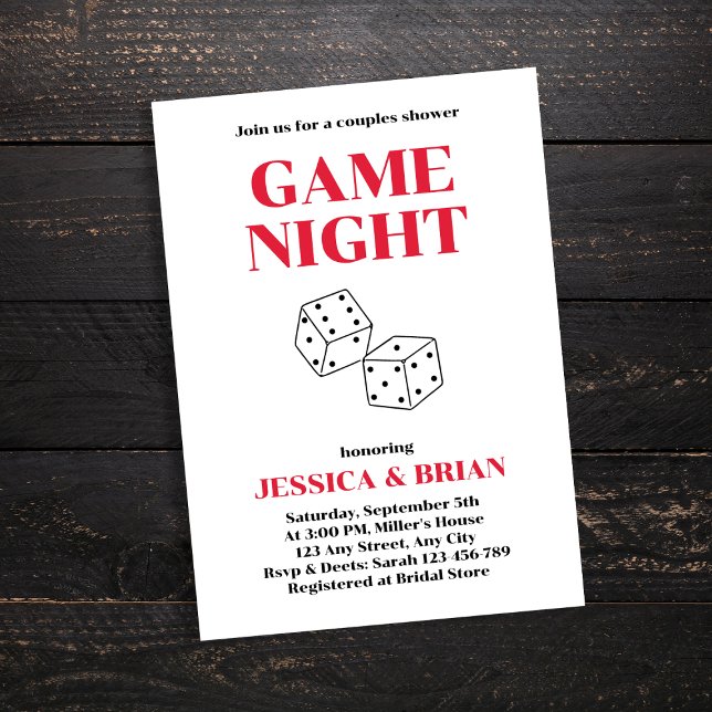 Convites Chá de Casais Desenhados de Dispositivos Noturnos  (Game Night Hand Drawn Dices Couples Shower Invitation)