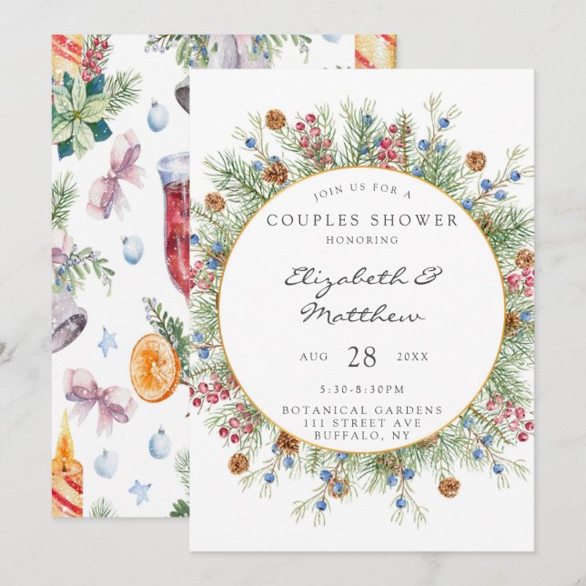 Convites Chá de Casais Dourados da Wreath de Natal (Frente/Verso)