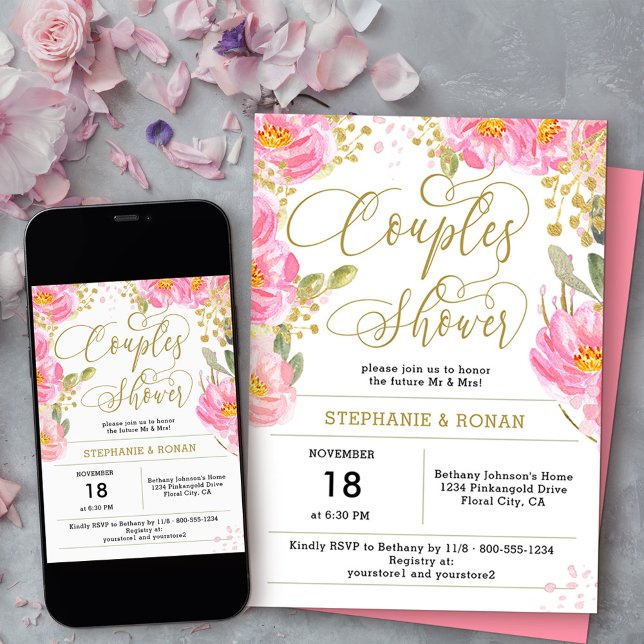 Convites Chá de Casais Dourados e rosa elegantes (Couples Shower invitation from my Pink and Gold Watercolor Floral Collection
)