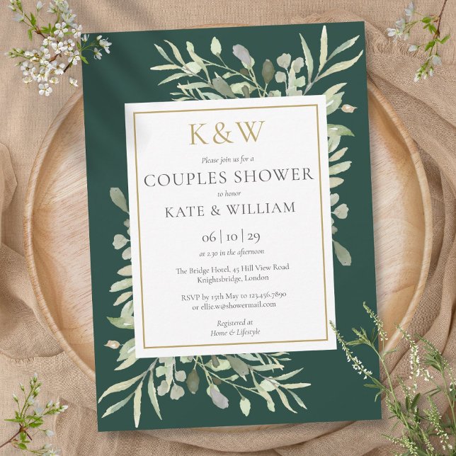 Convites Chá de Casais Emerald Dourado Monograma Verde (Gold Monogram Greenery Emerald Couples Shower Invitation)