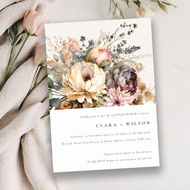Convites Chá de Casais Florais de outono de Boho Watercolor (Criador carregado)