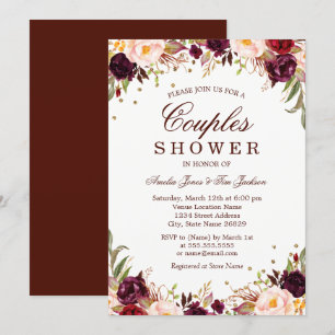 Convites Chá de Casais Florais Elegante Dourado Burgundy