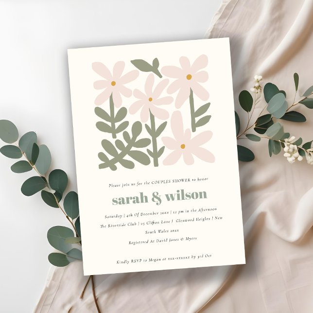 Convites Chá de Casais Florais Mínimos Retro-Blush Disky (Criador carregado)