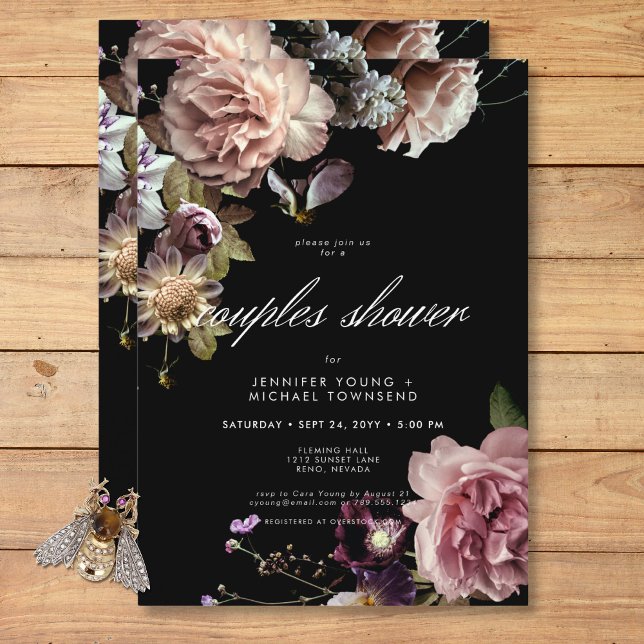 Convites Chá de Casais Florais Opulentes de Pastel Moody (Dark Moody Pastel Opulent Floral Couples Shower Invitation)