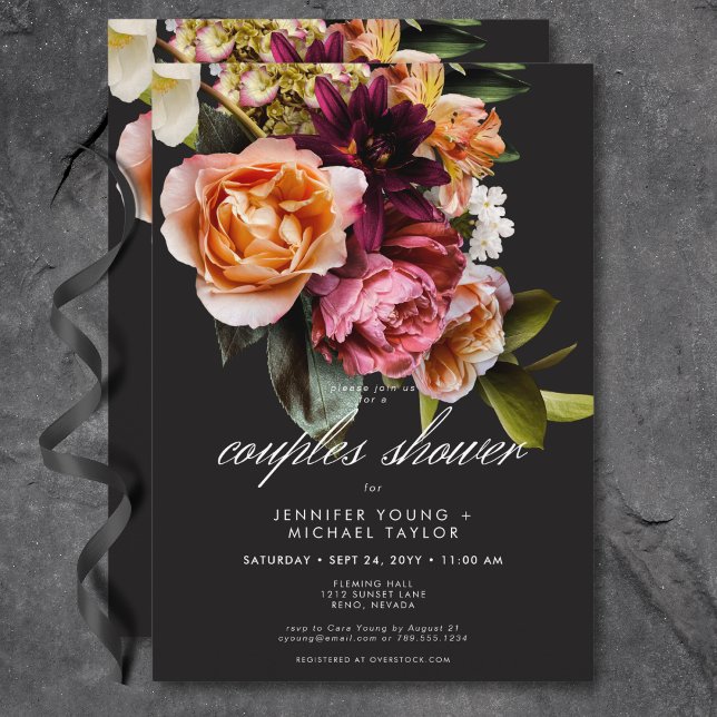 Convites Chá de Casais Florais Rosa Elegante Moody Burgundy (Elegant Moody Burgundy Pink Floral Couples Shower Invitation)
