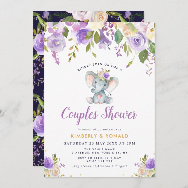 Convites chá de casais florais roxos de elefante (Frente/Verso)