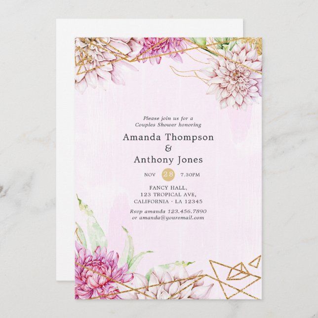 Convites Chá de Casais geométricos Dourados e rosa (Frente/Verso)