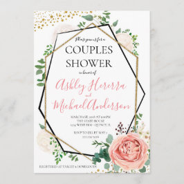 Convites Chá de Casais Geométricos Dourados Modernos, Rosa