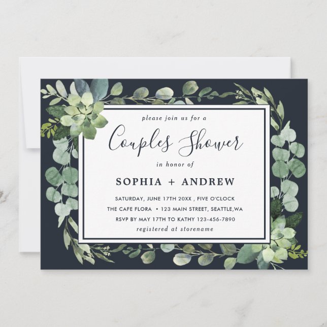 Convites Chá de Casais Marinho Azul com Êxito à Meia-Noite (Frente)