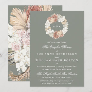 Convites Chá de Casais Moss Pampas Sage Monogramas