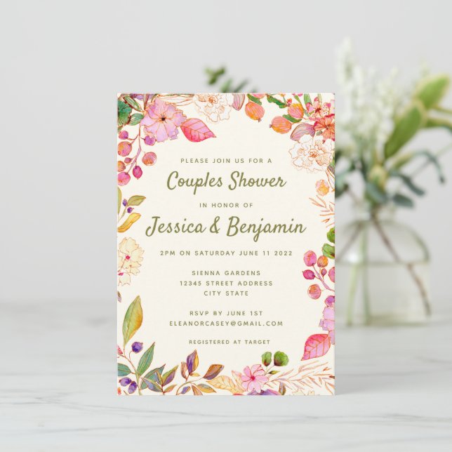 Convites Chá de Casais Personalizados Florais Coloridos de  (Em pé/Frente)